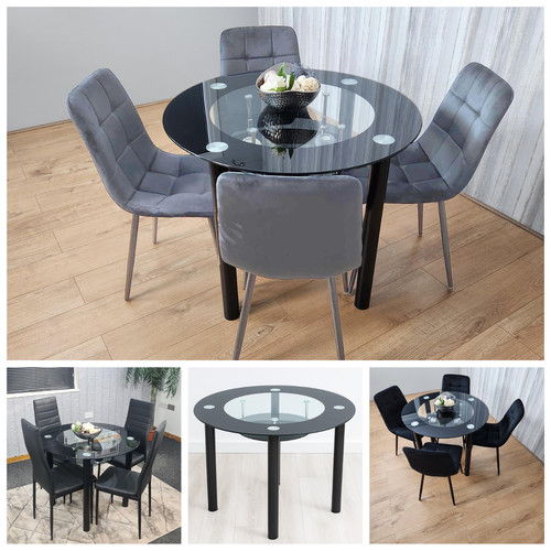 Black round glass dining - glass, table